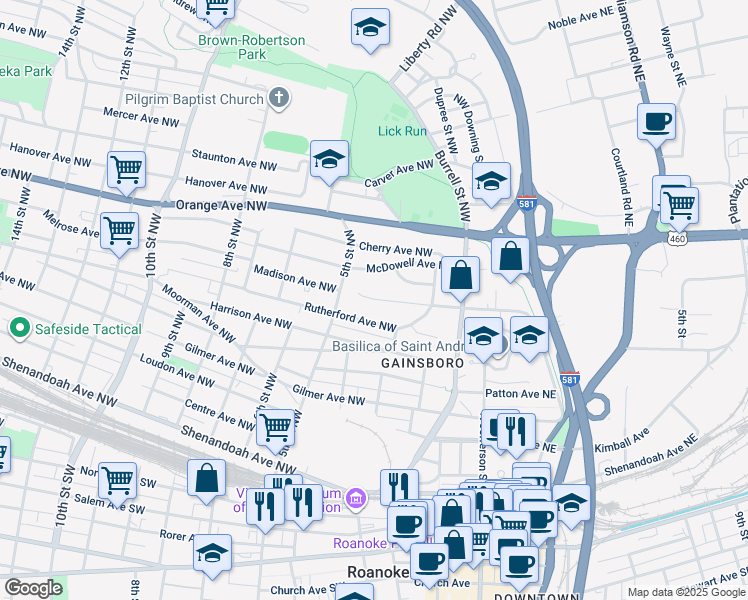 map of restaurants, bars, coffee shops, grocery stores, and more near in Roanoke