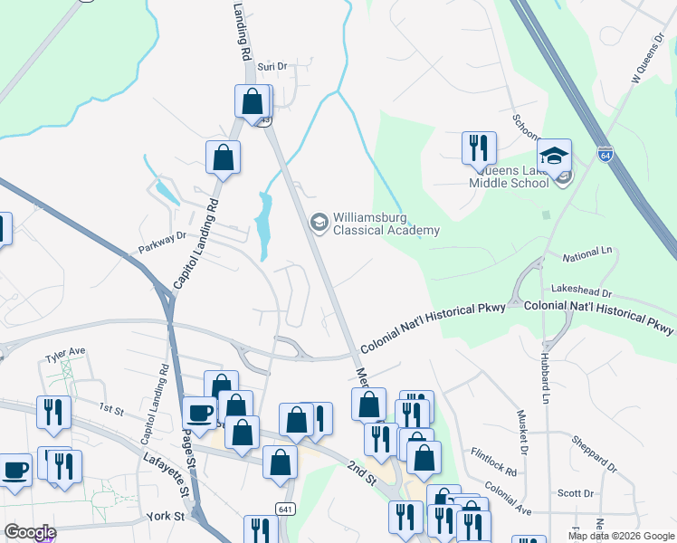 map of restaurants, bars, coffee shops, grocery stores, and more near 327 Merrimac Trail in Williamsburg