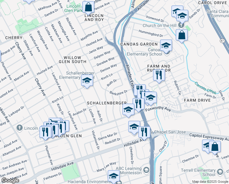map of restaurants, bars, coffee shops, grocery stores, and more near 2794 Gardendale Drive in San Jose