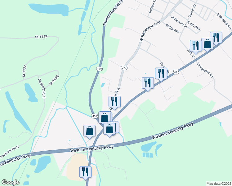 map of restaurants, bars, coffee shops, grocery stores, and more near 109 Shady Oak Drive in Central City