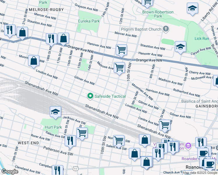 map of restaurants, bars, coffee shops, grocery stores, and more near 1121 Gilmer Avenue Northwest in Roanoke