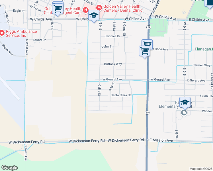 map of restaurants, bars, coffee shops, grocery stores, and more near 612 Keng Court in Merced