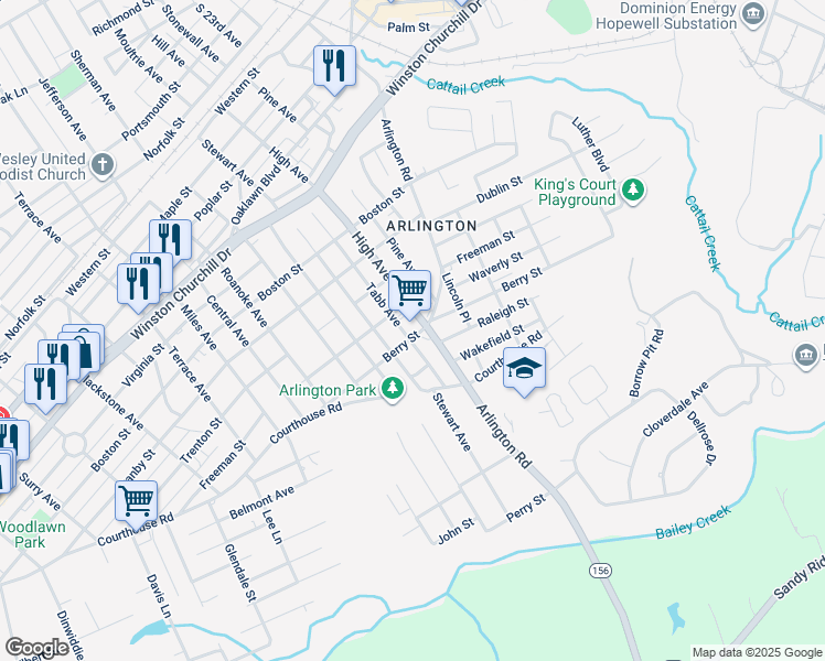 map of restaurants, bars, coffee shops, grocery stores, and more near 1701 Tabb Avenue in Hopewell