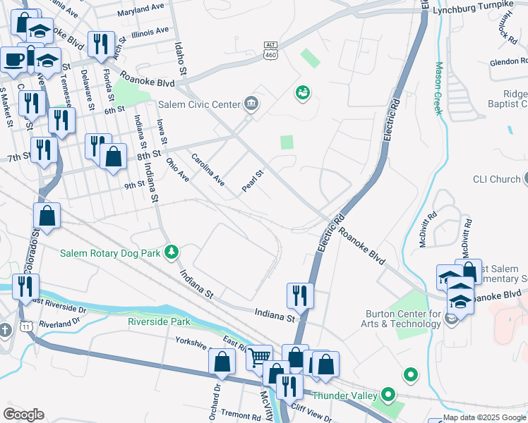 map of restaurants, bars, coffee shops, grocery stores, and more near 1235 Carolina Avenue in Salem