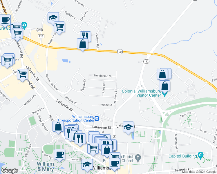 map of restaurants, bars, coffee shops, grocery stores, and more near 419 Dunning Street in Williamsburg