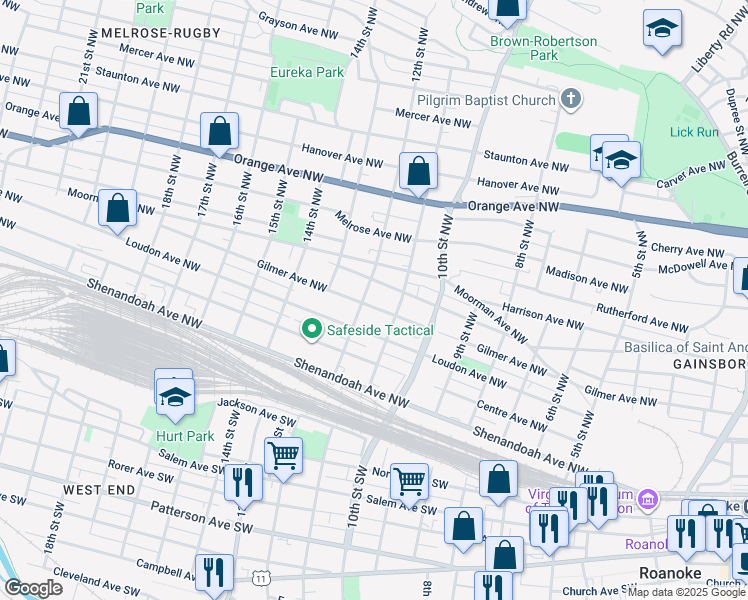 map of restaurants, bars, coffee shops, grocery stores, and more near 1123 Gilmer Avenue Northwest in Roanoke