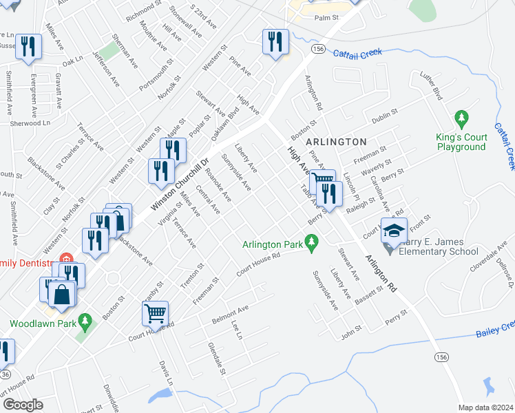 map of restaurants, bars, coffee shops, grocery stores, and more near 1306 Sunnyside Avenue in Hopewell