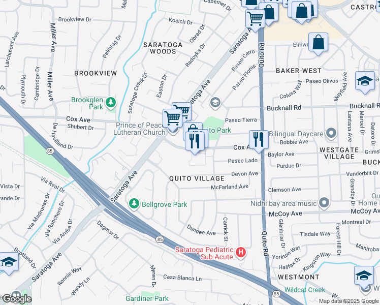 map of restaurants, bars, coffee shops, grocery stores, and more near 18764 Cox Avenue in Saratoga