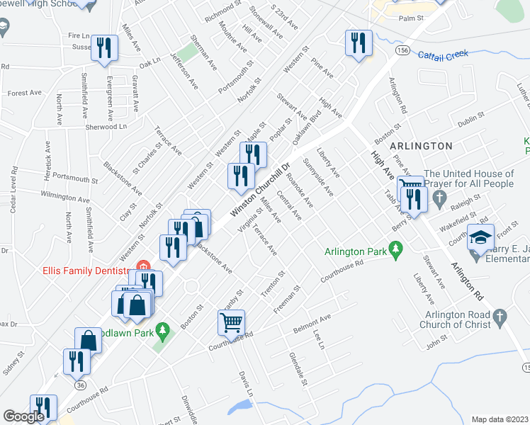 map of restaurants, bars, coffee shops, grocery stores, and more near 3002 Virginia Street in Hopewell