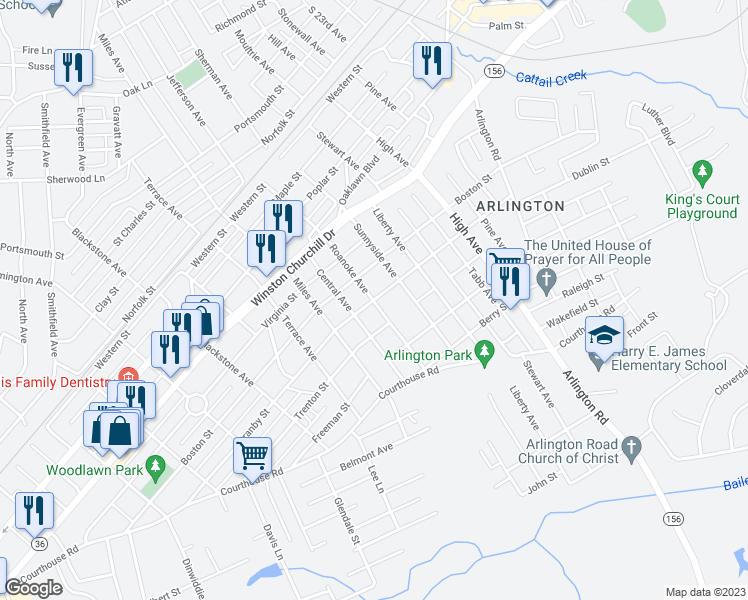 map of restaurants, bars, coffee shops, grocery stores, and more near 1301 Roanoke Avenue in Hopewell