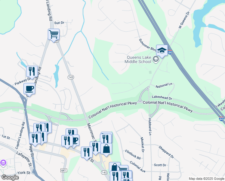 map of restaurants, bars, coffee shops, grocery stores, and more near 312 Royal Grant Drive in Williamsburg