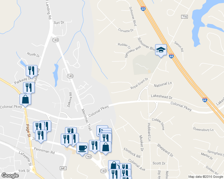 map of restaurants, bars, coffee shops, grocery stores, and more near 312 Royal Grant Drive in Williamsburg