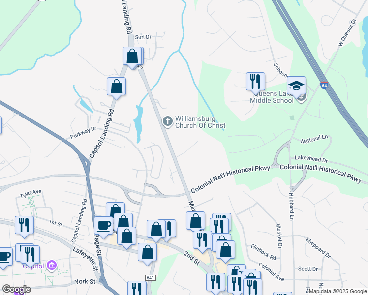 map of restaurants, bars, coffee shops, grocery stores, and more near 285 Merrimac Trail in Williamsburg