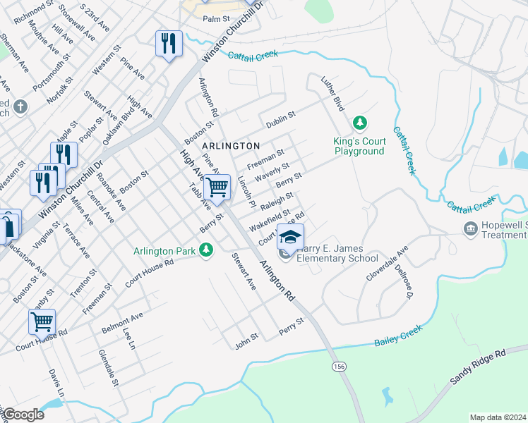 map of restaurants, bars, coffee shops, grocery stores, and more near 2410 Raleigh Street in Hopewell