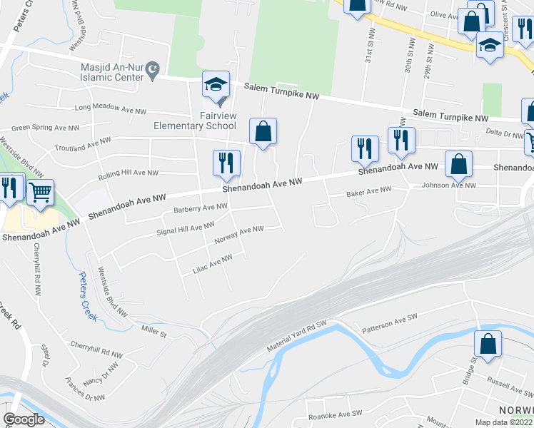 map of restaurants, bars, coffee shops, grocery stores, and more near 3408 Signal Hill Avenue Northwest in Roanoke
