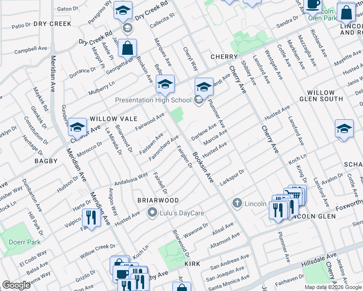 map of restaurants, bars, coffee shops, grocery stores, and more near 2353 Booksin Avenue in San Jose