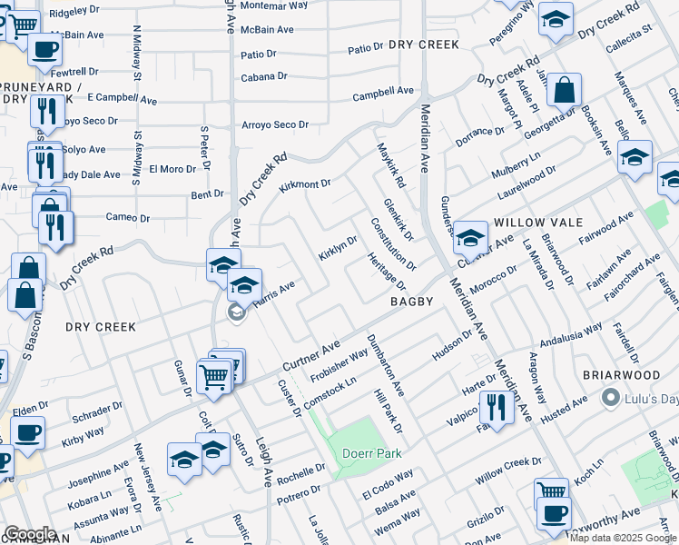 map of restaurants, bars, coffee shops, grocery stores, and more near 2309 Walden Square in San Jose