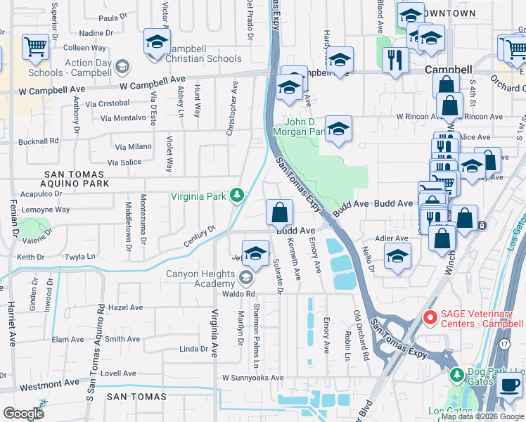 map of restaurants, bars, coffee shops, grocery stores, and more near 681 Albert Way in Campbell