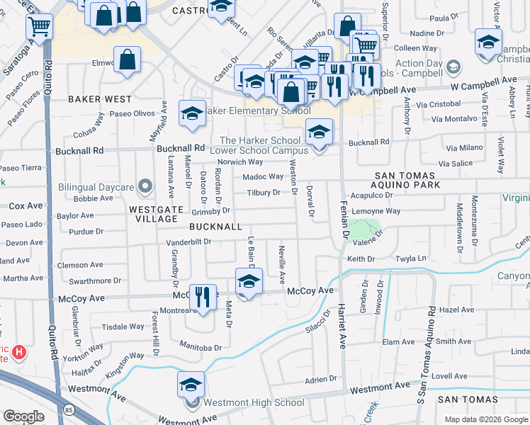 map of restaurants, bars, coffee shops, grocery stores, and more near 4502 Tilbury Drive in San Jose