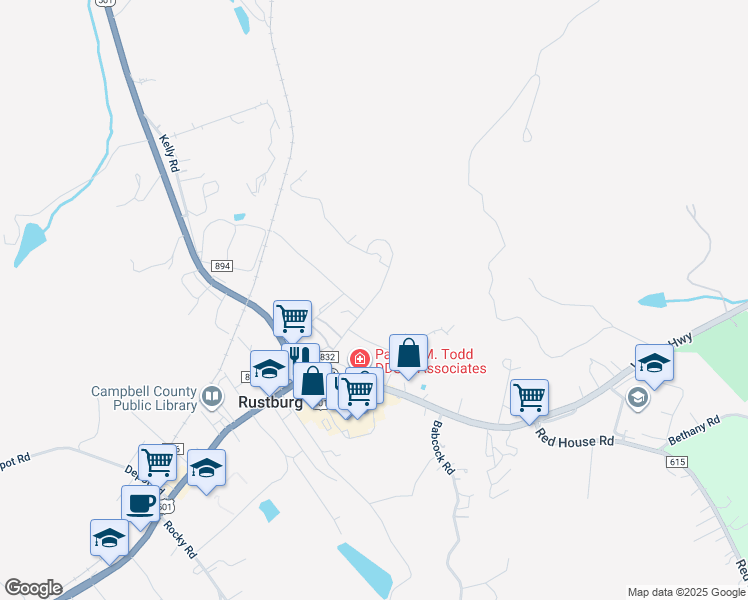 map of restaurants, bars, coffee shops, grocery stores, and more near 339 Mountain Lane in Rustburg
