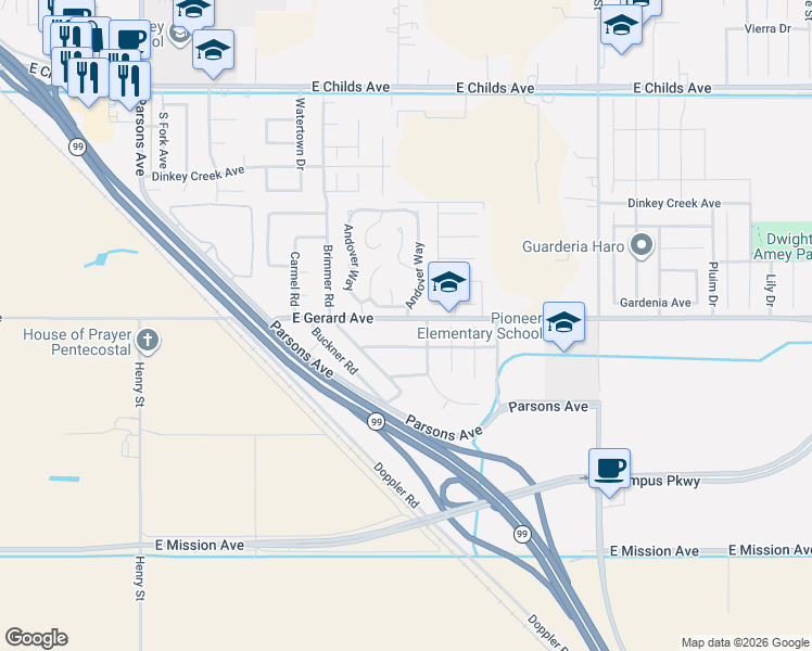 map of restaurants, bars, coffee shops, grocery stores, and more near 2581 East Gerard Avenue in Merced