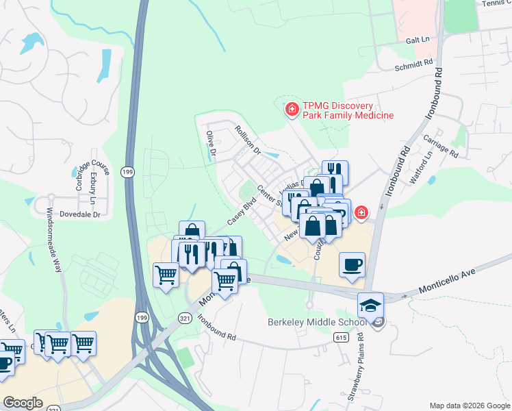 map of restaurants, bars, coffee shops, grocery stores, and more near 4327 Casey Boulevard in Williamsburg