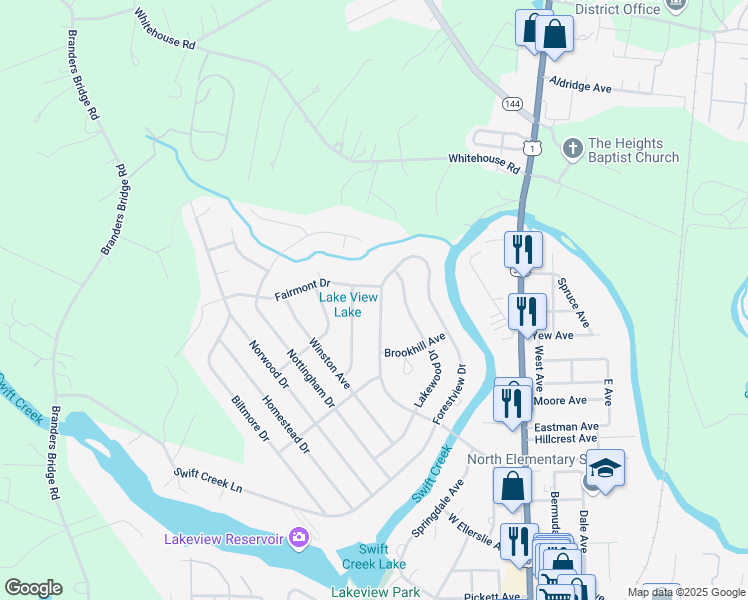 map of restaurants, bars, coffee shops, grocery stores, and more near 130 Sherwood Drive in Colonial Heights