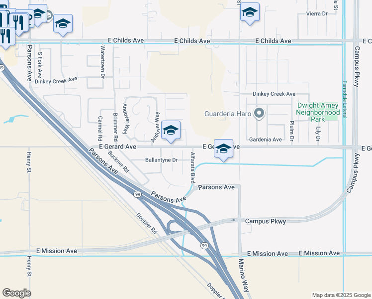 map of restaurants, bars, coffee shops, grocery stores, and more near 506 Mustang Court in Merced