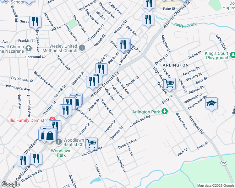 map of restaurants, bars, coffee shops, grocery stores, and more near 1208 Central Avenue in Hopewell