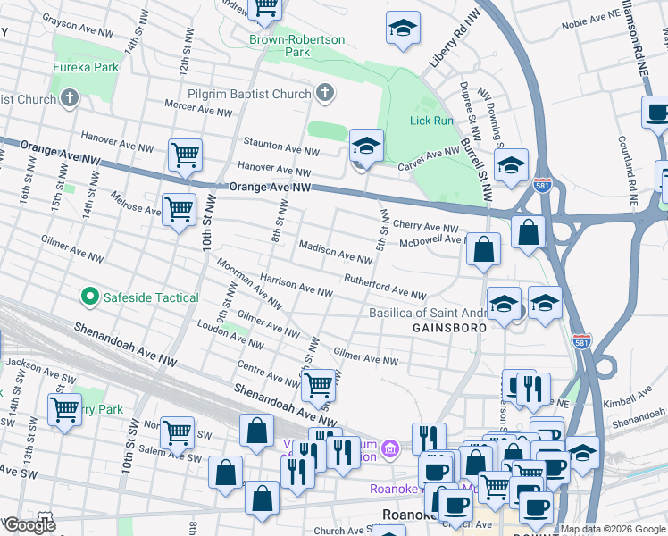 map of restaurants, bars, coffee shops, grocery stores, and more near 543 Madison Avenue Northwest in Roanoke