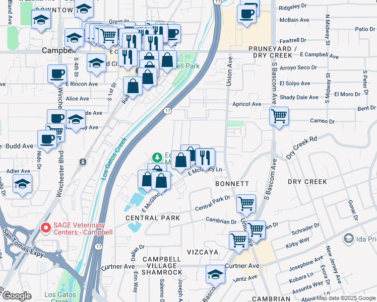 map of restaurants, bars, coffee shops, grocery stores, and more near La Paloma in Campbell