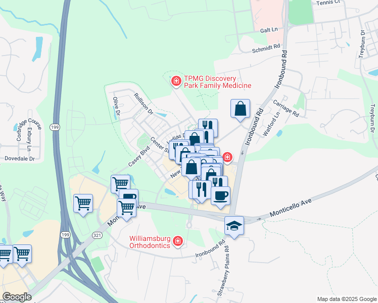 map of restaurants, bars, coffee shops, grocery stores, and more near 4319 Eleanors Way in Williamsburg