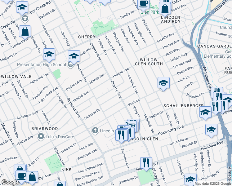 map of restaurants, bars, coffee shops, grocery stores, and more near 1453 Cherry Garden Lane in San Jose
