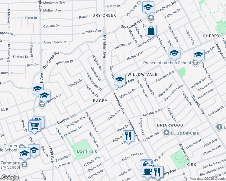 map of restaurants, bars, coffee shops, grocery stores, and more near Meridian Avenue & Curtner Avenue in San Jose