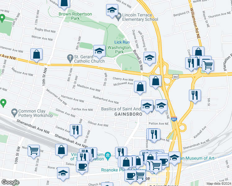 map of restaurants, bars, coffee shops, grocery stores, and more near 349 Madison Avenue Northwest in Roanoke