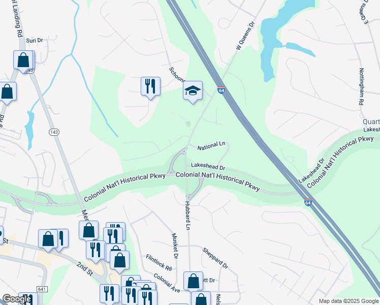 map of restaurants, bars, coffee shops, grocery stores, and more near 105 West Queens Drive in Williamsburg