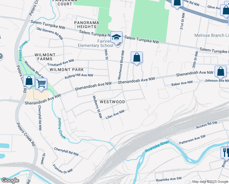 map of restaurants, bars, coffee shops, grocery stores, and more near 3526 Barberry Avenue Northwest in Roanoke
