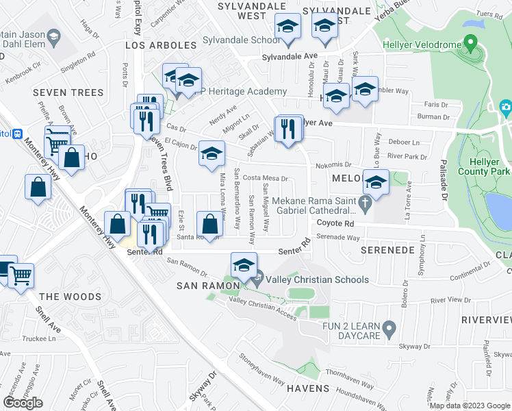 map of restaurants, bars, coffee shops, grocery stores, and more near 4092 San Ramon Way in San Jose