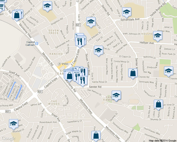 map of restaurants, bars, coffee shops, grocery stores, and more near 3975 7 Trees Boulevard in San Jose