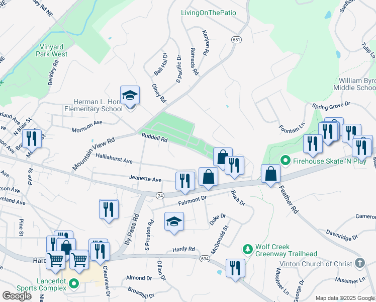 map of restaurants, bars, coffee shops, grocery stores, and more near 1179 Ruddell Road in Vinton