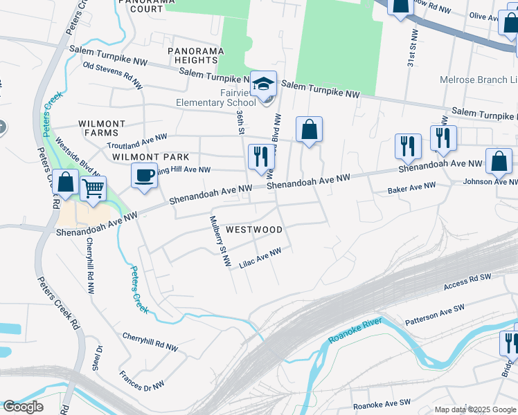 map of restaurants, bars, coffee shops, grocery stores, and more near 3526 Barberry Avenue Northwest in Roanoke
