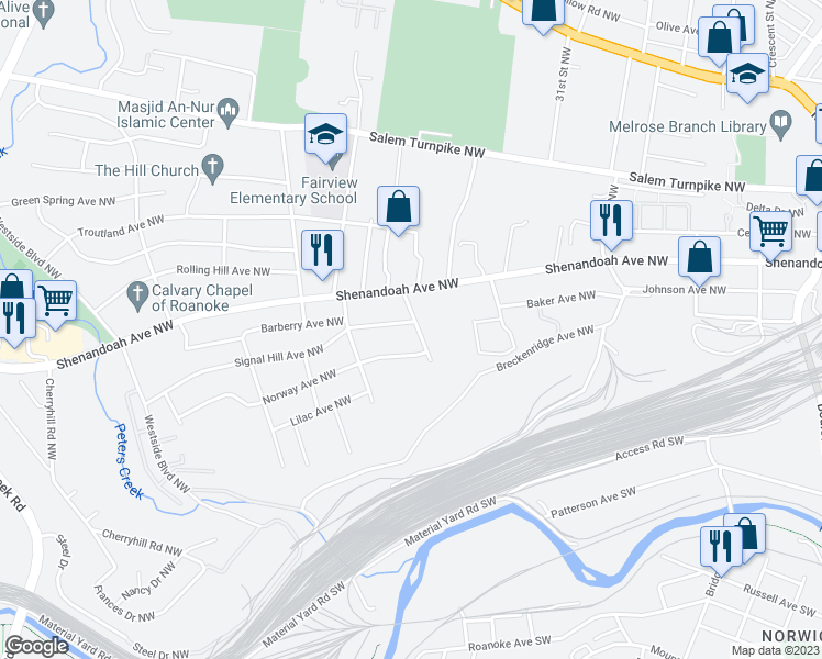 map of restaurants, bars, coffee shops, grocery stores, and more near 3404 Signal Hill Avenue Northwest in Roanoke
