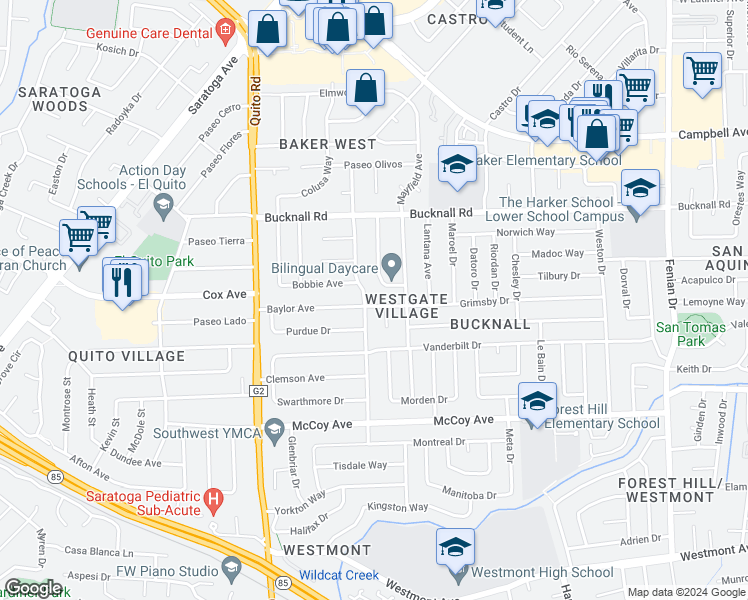 map of restaurants, bars, coffee shops, grocery stores, and more near 5035 Grimsby Drive in San Jose