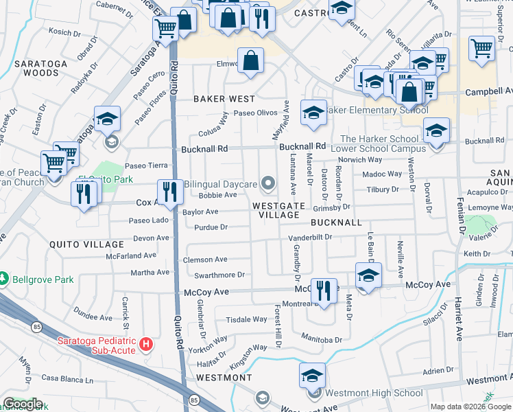 map of restaurants, bars, coffee shops, grocery stores, and more near 5035 Grimsby Drive in San Jose