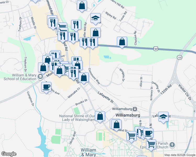map of restaurants, bars, coffee shops, grocery stores, and more near 101 Windsor Lane in Williamsburg