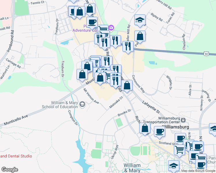 map of restaurants, bars, coffee shops, grocery stores, and more near 1234 Richmond Road in Williamsburg