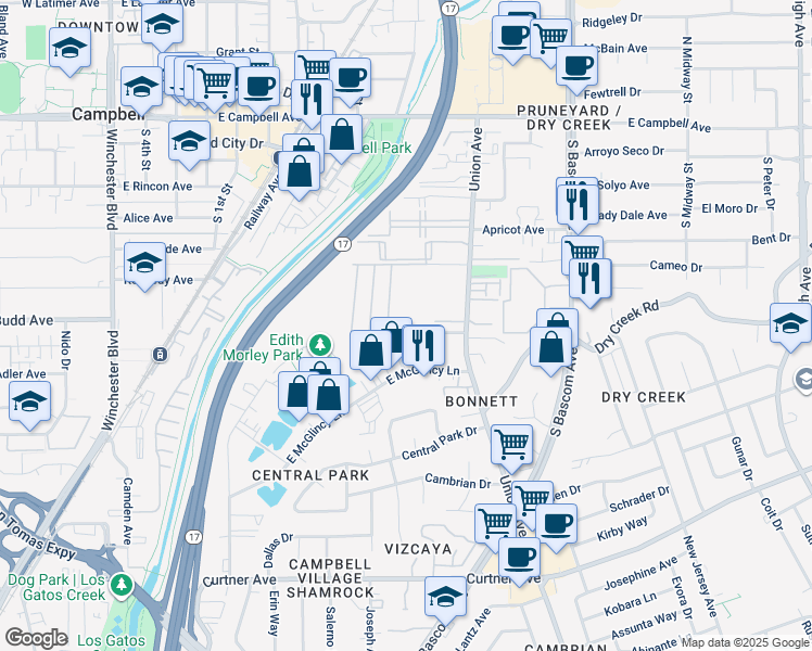 map of restaurants, bars, coffee shops, grocery stores, and more near 393 Union Avenue in Campbell