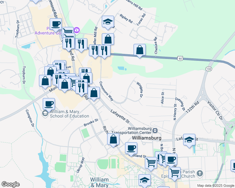 map of restaurants, bars, coffee shops, grocery stores, and more near 101 Windsor Lane in Williamsburg