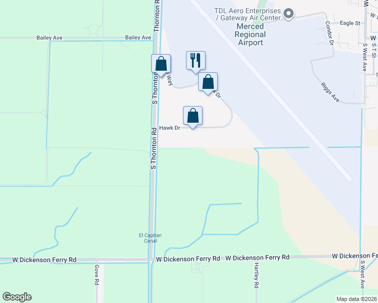 map of restaurants, bars, coffee shops, grocery stores, and more near 503 South Thornton Road in Merced