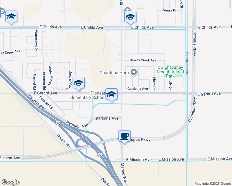 map of restaurants, bars, coffee shops, grocery stores, and more near 2950 East Gerard Avenue in Merced